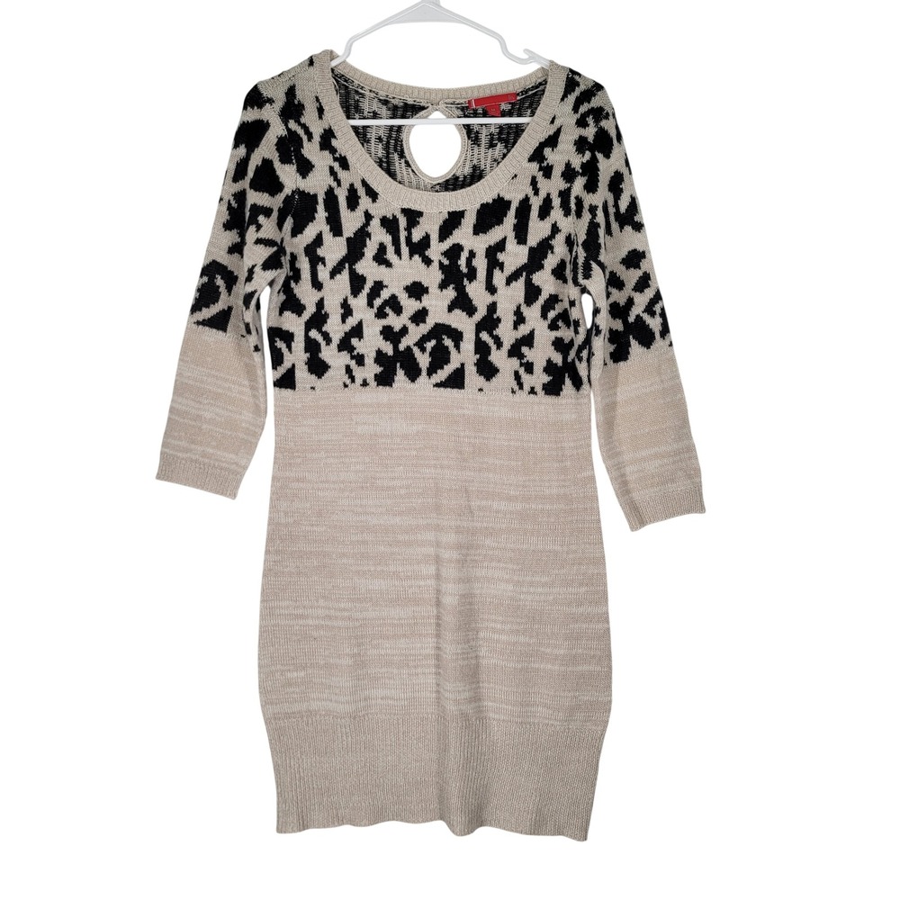 Liv Sweater‎ Dress Leopard Print Keyhole Neck 3/4 Sleeve Knit Beige Black M